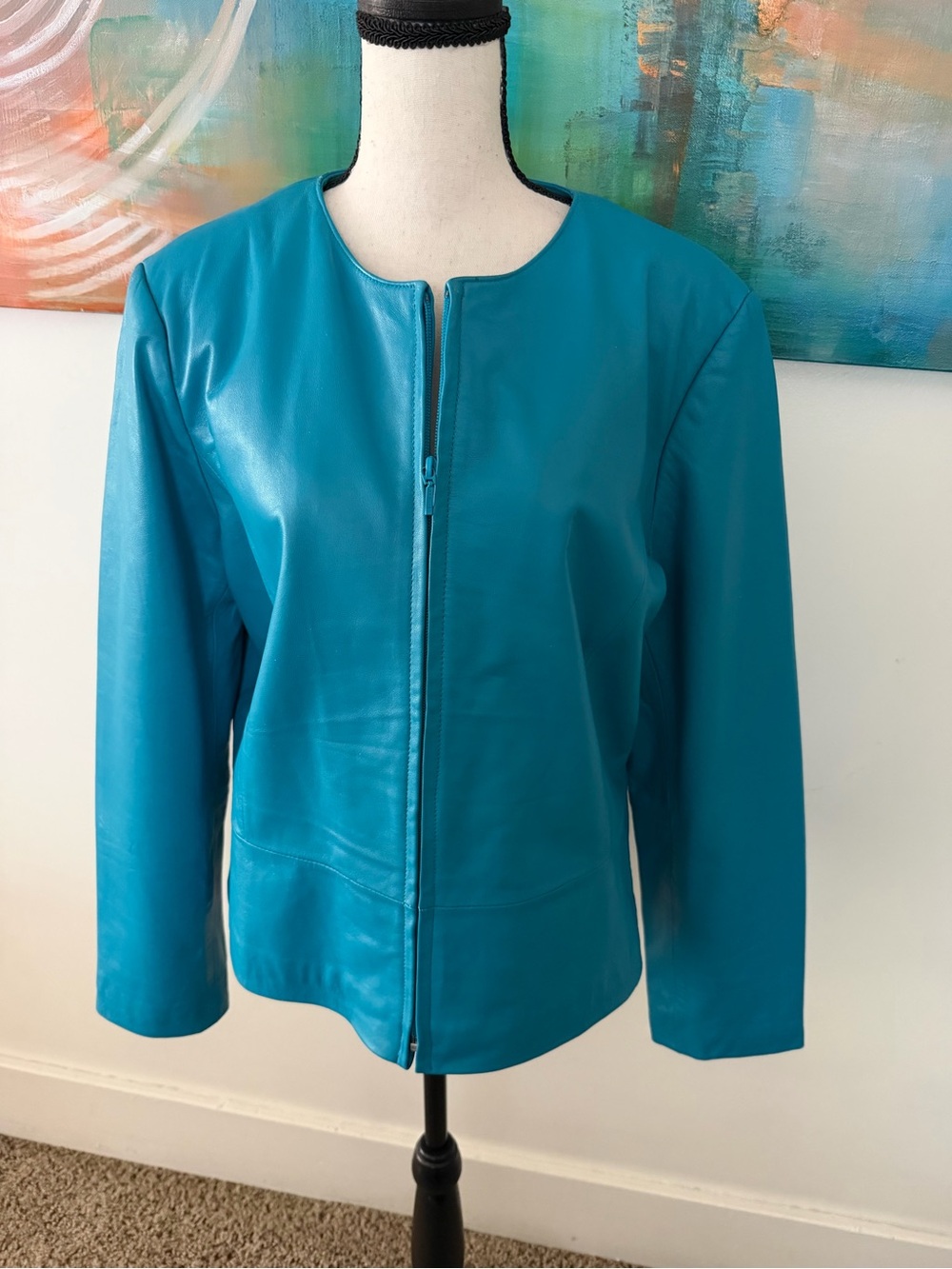 Vintage 90’s Yvonne Marie Turquoise Leather Collarless Zip Up Jacket 14